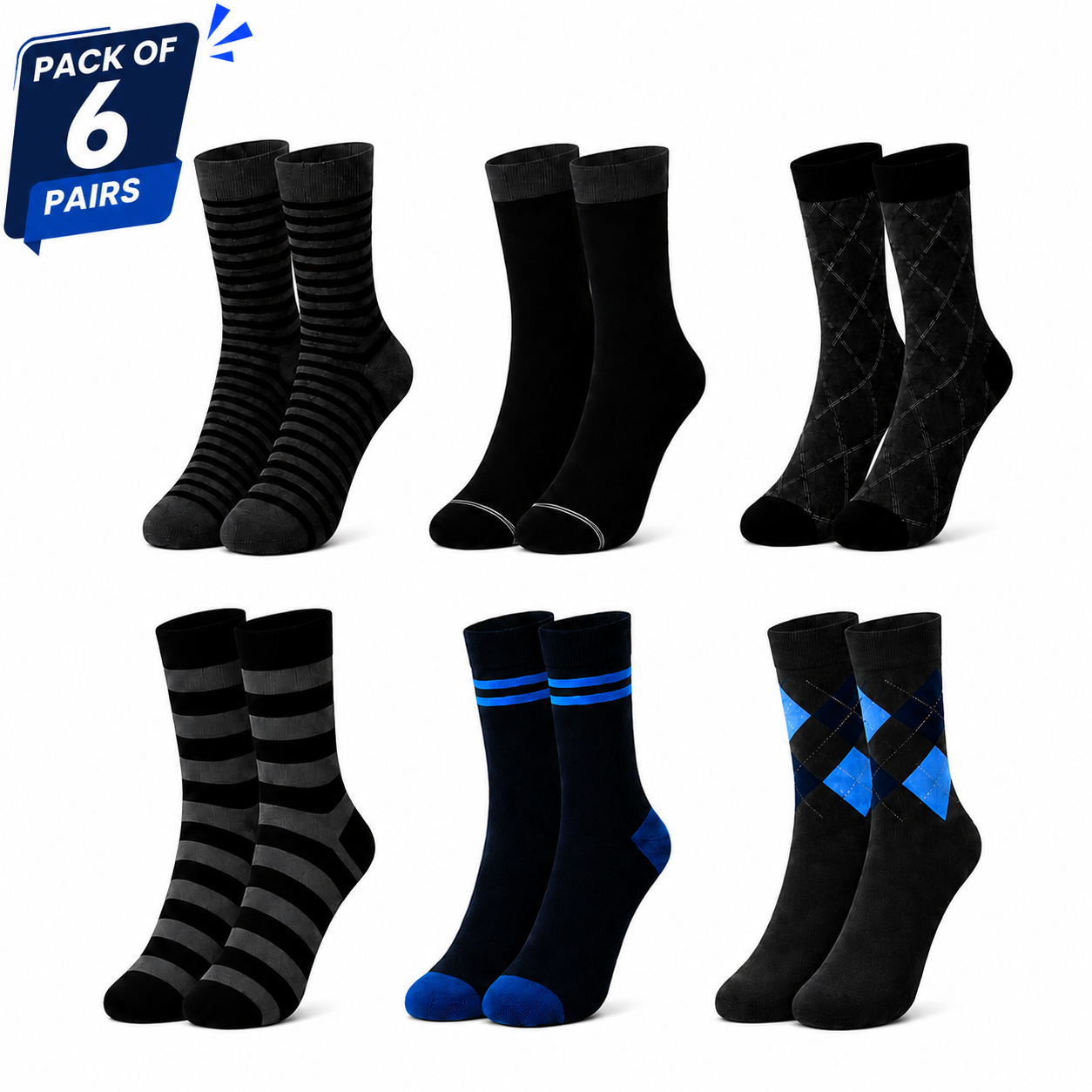 6 Pairs Crew Socks Pack | Premium Casual & Dress Socks for Men