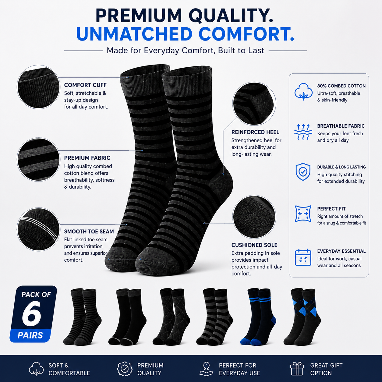 6 Pairs Crew Socks Pack | Premium Casual & Dress Socks for Men