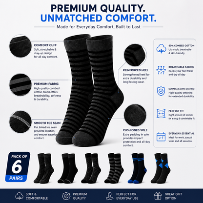 6 Pairs Crew Socks Pack | Premium Casual & Dress Socks for Men