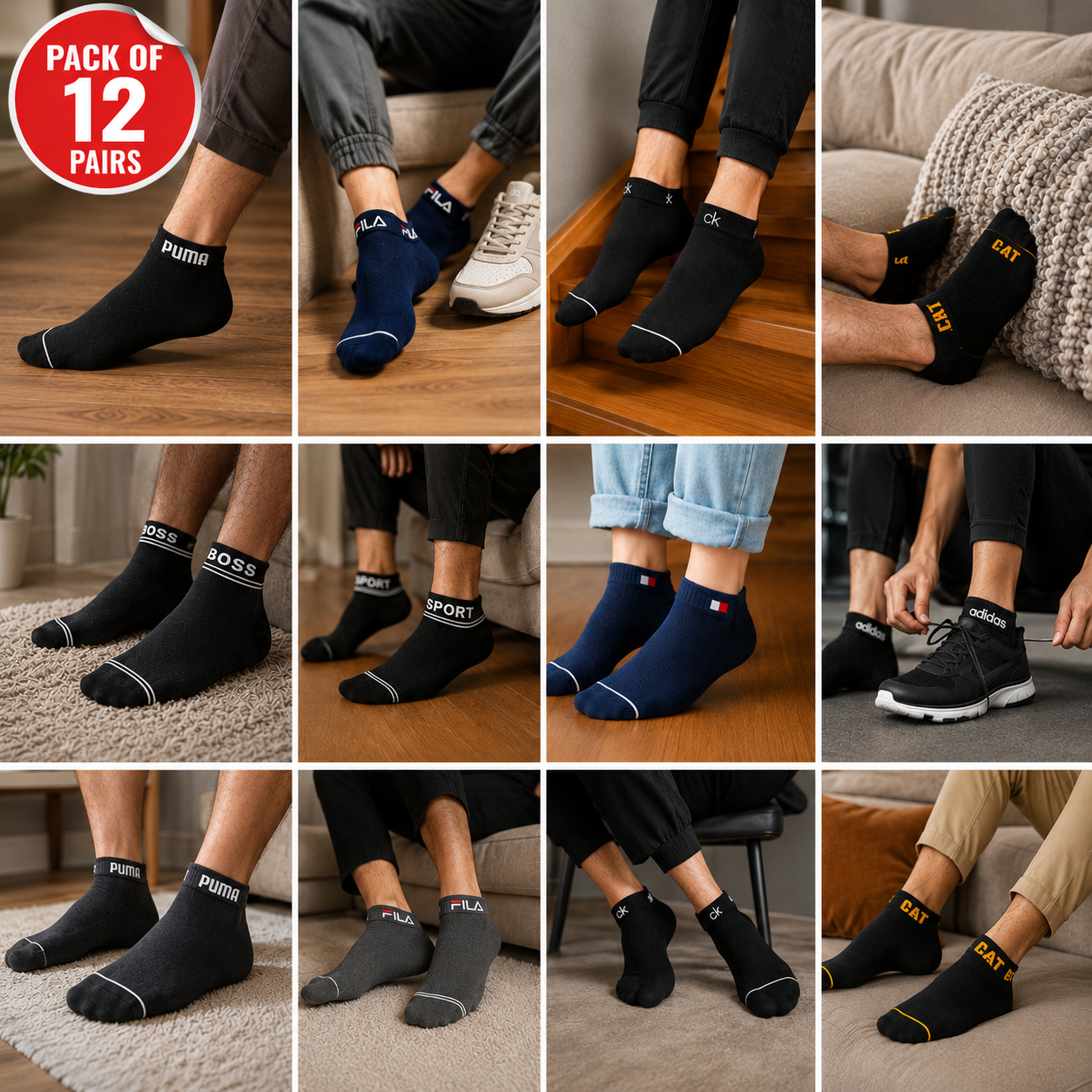 12 Pairs Ankle Socks Pack | Premium Casual Socks Collection for Men