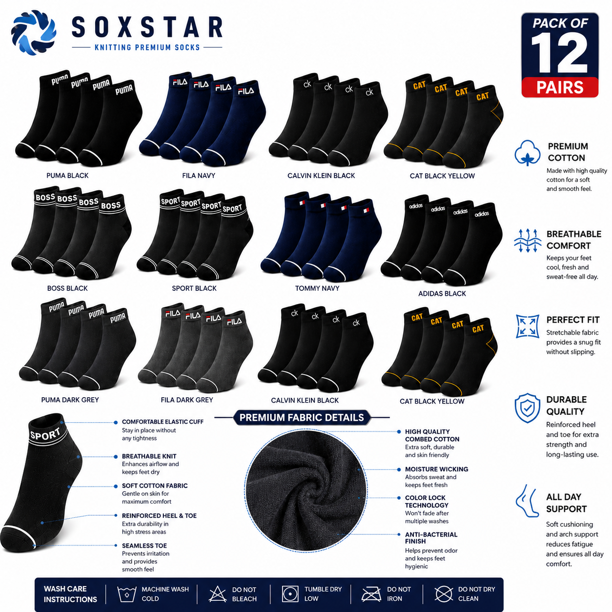 12 Pairs Ankle Socks Pack | Premium Casual Socks Collection for Men