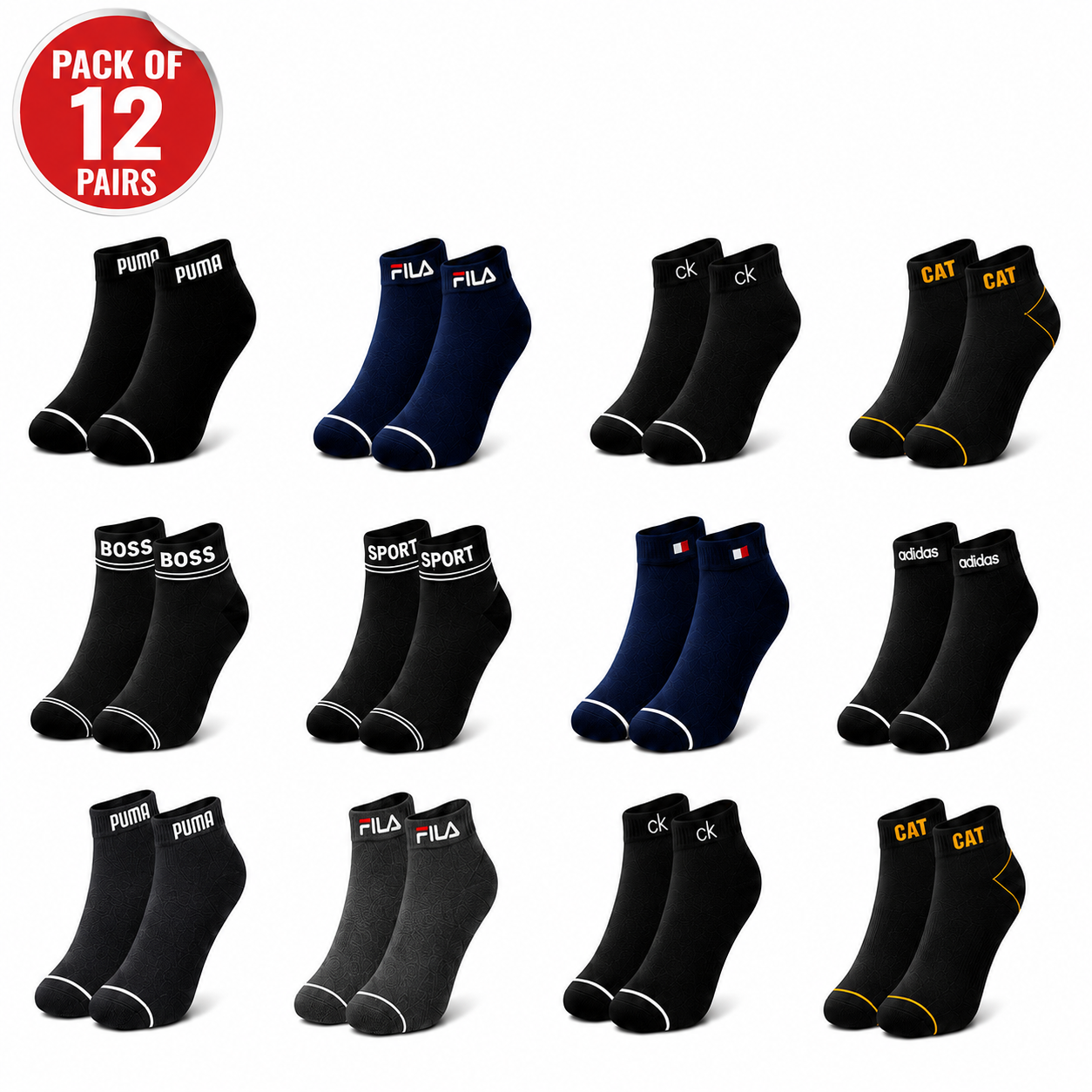 12 Pairs Ankle Socks Pack | Premium Casual Socks Collection for Men