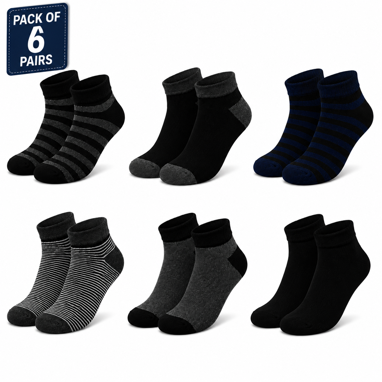 6 Pairs Ankle Socks Pack | Premium Casual Socks for Men