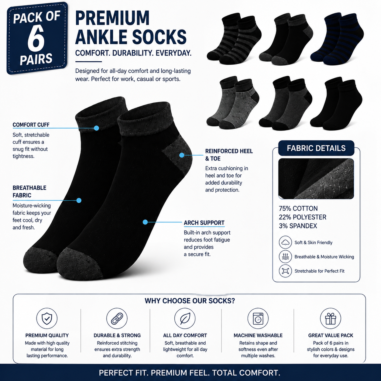 6 Pairs Ankle Socks Pack | Premium Casual Socks for Men