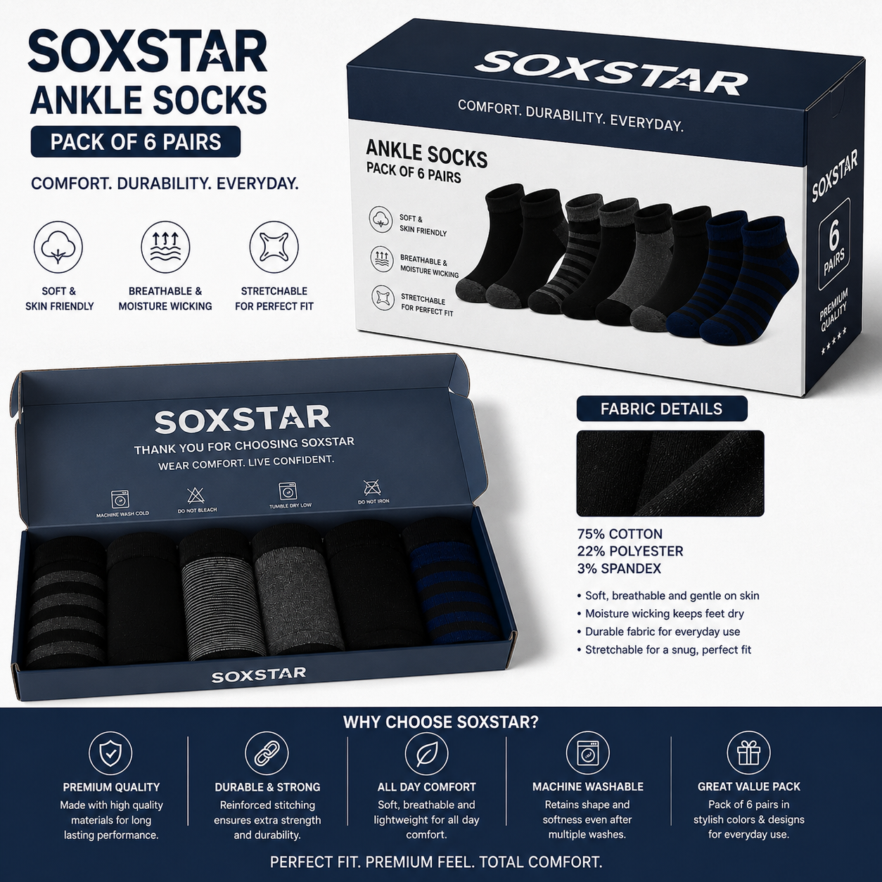6 Pairs Ankle Socks Pack | Premium Casual Socks for Men