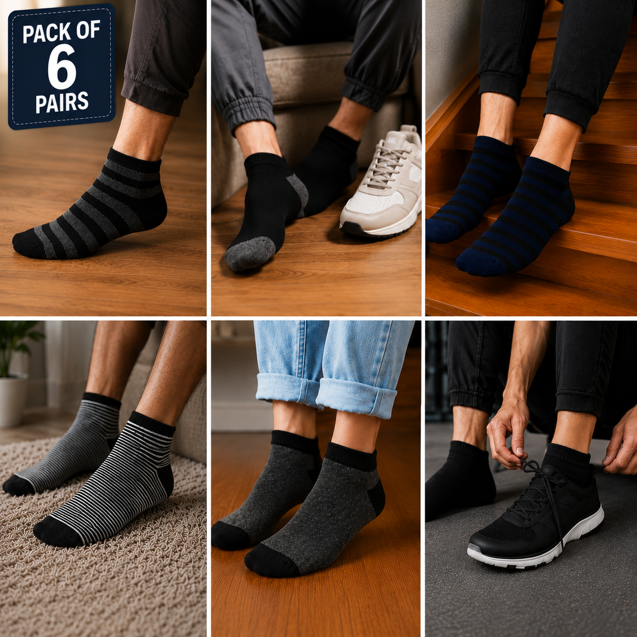 6 Pairs Ankle Socks Pack | Premium Casual Socks for Men