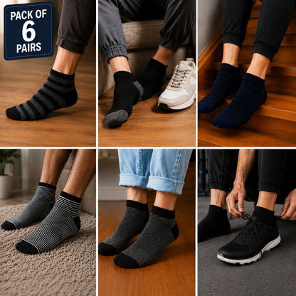 6 Pairs Ankle Socks Pack | Premium Casual Socks for Men